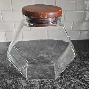 Vintage Libbey Glass Hexagon Shaped Storage Jar with Wooden Lid